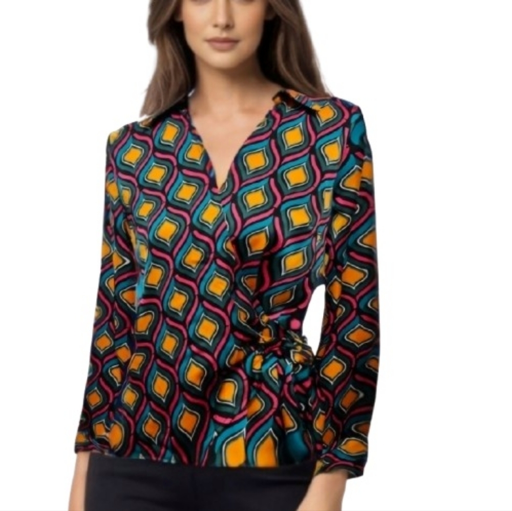 cupcakes & cashmere Multicolor Geo-Print Satin Blouse Faux Wrap Long Sleeves